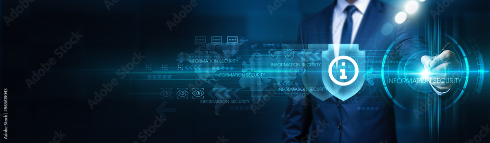 Aufkleber information security. businessman touches information security structure global network. security me