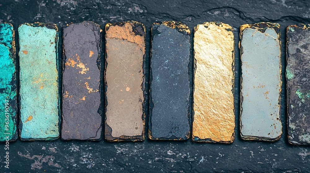 Poster a row of multicolored paints rests atop a black canvas with peeled paint adjacent to it