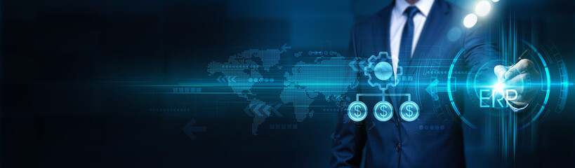 ERP. Businessman touches enterprise resource planning structure, global network. ERP helps...