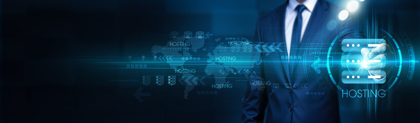 Hosting. Businessman touches hosting structure global network. Hosting enterprise system framework global connected. Hosting infrastructure platform services solutions.
