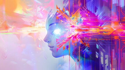 Digital Consciousness A Woman's Face Emerges From Abstract Lines and Colors
