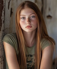 Obraz premium Young girl with long hair poses against a rustic wooden backdrop