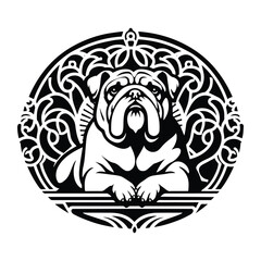 Fototapeta premium Bulldog with art nouveau decoration, stencil logo, black and white animal illustration