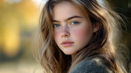 Fototapeta premium Young woman with long hair and blue eyes outdoors in soft sunlight