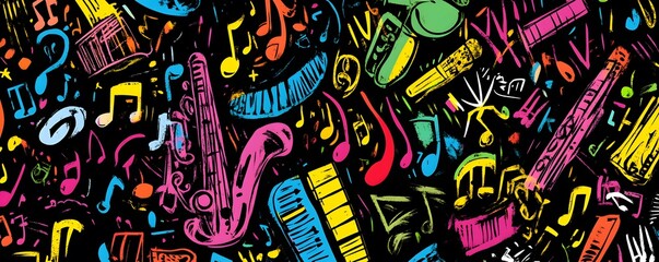 Abstract Colorful Music Note and Instrument Pattern