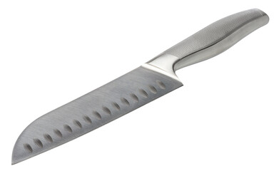 New sharp kitchen steel knife with metal handle on isolated background