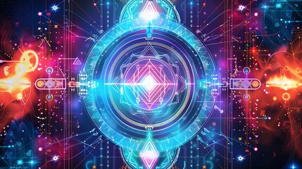Fototapeta premium Abstract Geometric Pattern with Neon Lights and Circular Shapes