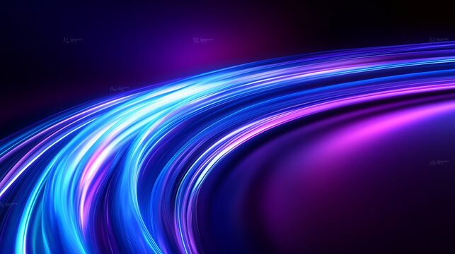 Slick, glowing blue and purple light neon trails curving against a dark background, giving a futuristic and dynamic effect