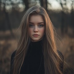 Obraz premium Young woman with long hair stands in a forest during sunset