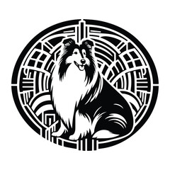 Fototapeta premium collie dog with art deco decoration, stencil logo, black and white animal illustration