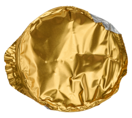 Round golden aluminum thin lid for plastic yogurt jars, sour cream on a isolated background, top view