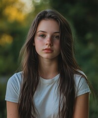 Fototapeta premium Young girl with long hair outdoors during golden hour in soft light