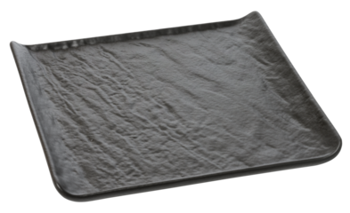 Empty black square board for serving food on a white isolated background