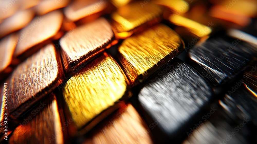 Poster a close-up of a glossy surface with golden and black square patterns in the center, while the upper 