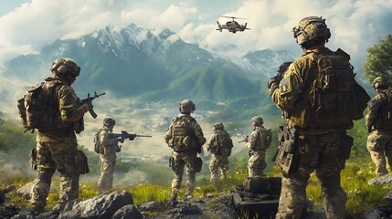 Fototapeta premium Military Soldiers in Mountainous Terrain with Helicopter