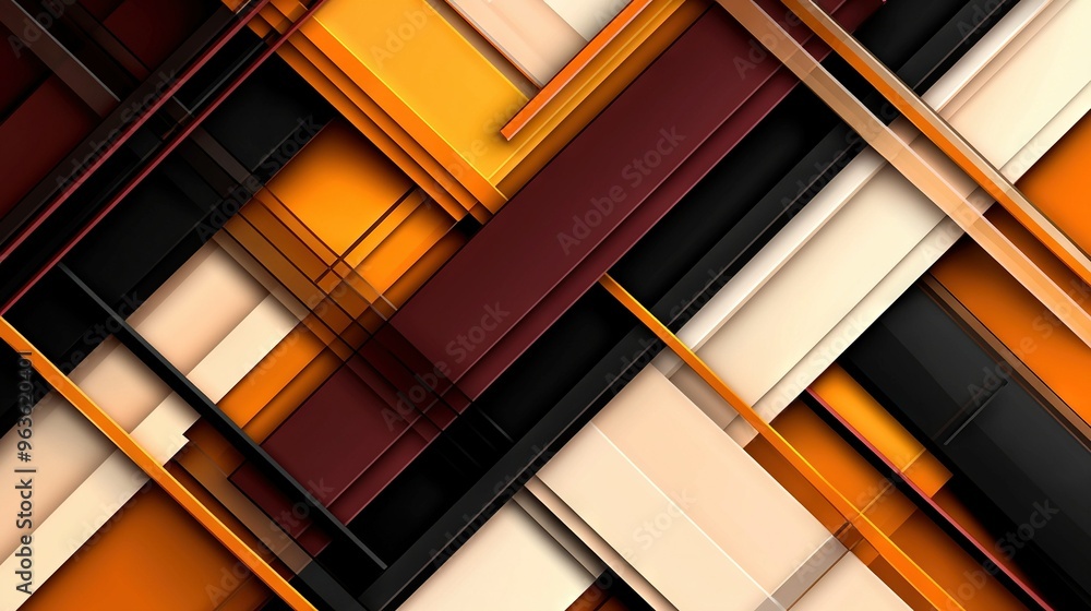 Poster a close-up of an abstract design features orange and brown squares and rectangles against a black an