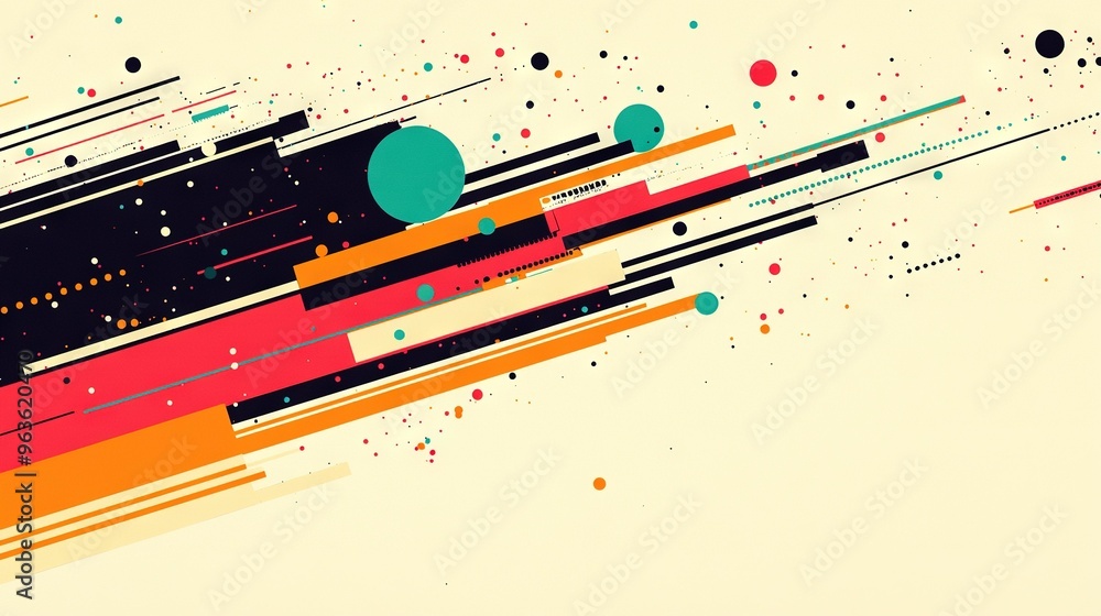 Poster a design featuring a spectrum of colors in the form of circles and dots upon a beige background, int