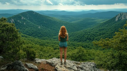Naklejka premium A young woman gazes at the vast green valley from a rocky overlook