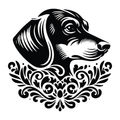 Fototapeta premium Dachshund dog with victorian flourish decoration, stencil logo, black and white animal illustration