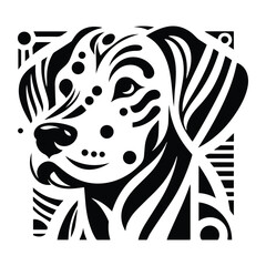 dalmatian dog with art deco decoration, stencil logo, black and white animal illustration
