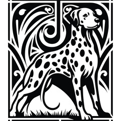 dalmatian dog with art nouveau decoration, stencil logo, black and white animal illustration
