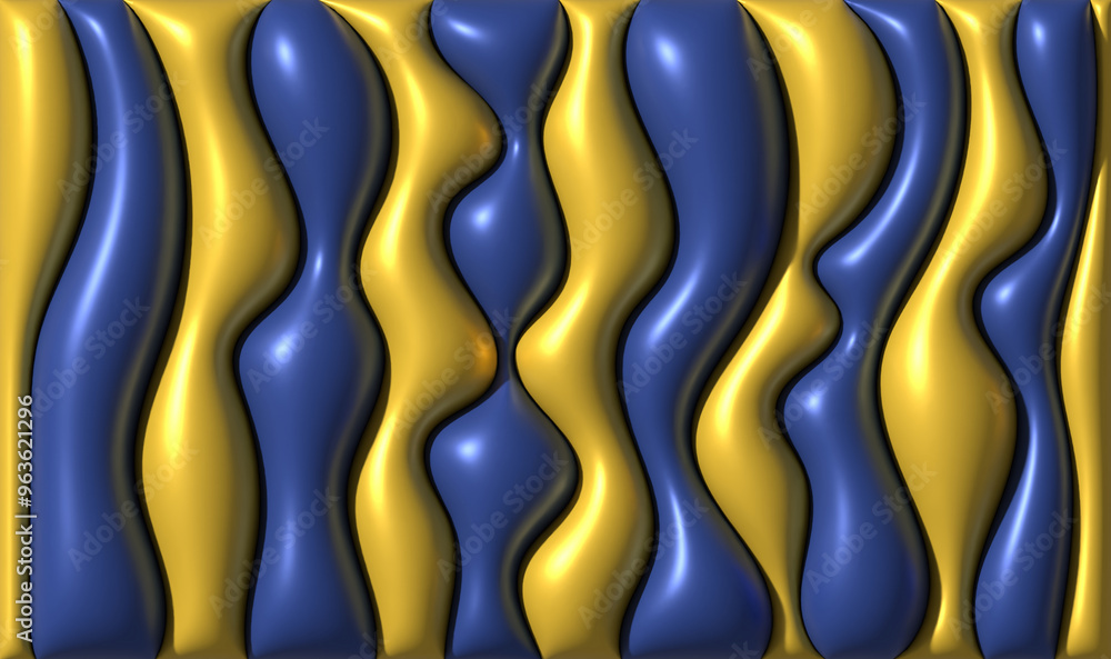 Poster abstract image with smooth, wavy blue and yellow lines with a glossy effect, sense of three-dimensio