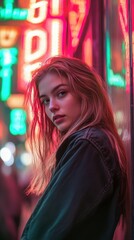Young woman posing against vibrant neon lights in urban setting at night