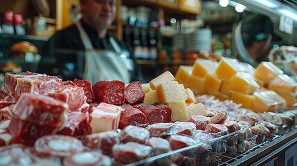Bologna in a Deli Counter, sausage in a store, cold cuts meat, banner