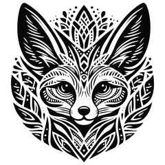 Fototapeta premium Fennec fox in zentangle art, stencil logo, black and white animal illustration