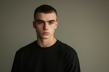 Fototapeta premium Young male model showcasing minimalist fashion in studio setting
