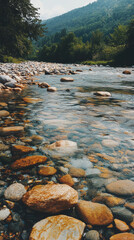 A crystal clear mountain stream flows over smooth river rocks. The water is so clear that you can see the bottom. The scene is peaceful and serene, perfect for a relaxing escape.