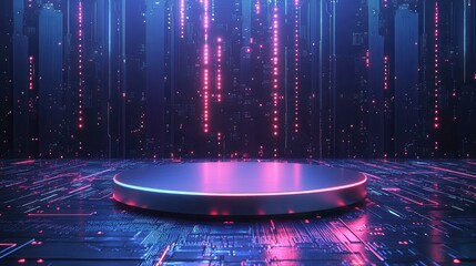 A futuristic podium illuminated by neon lights, set against a digital cityscape background with a dark, high-tech ambiance, Ideal for tech presentations, product showcases, and sci-fi themed projects