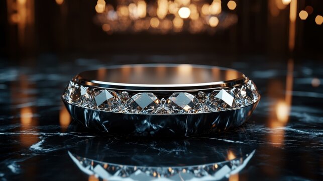 Elegant crystal-encrusted circular object with luxurious reflections on a dark marble surface, ideal for use in luxury product advertisements or upscale event promotions,