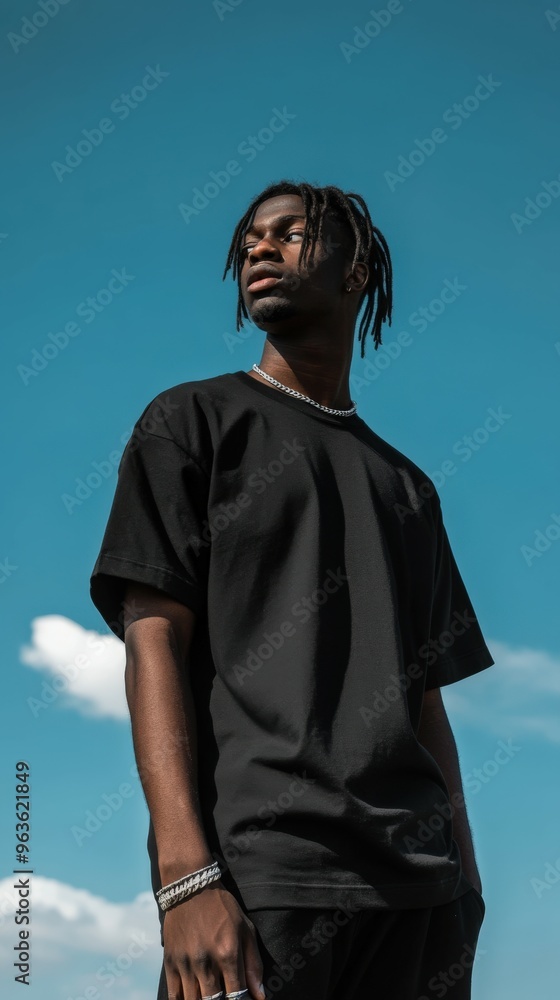 Wall mural Young model in a black outfit posing outdoors under a bright blue sky