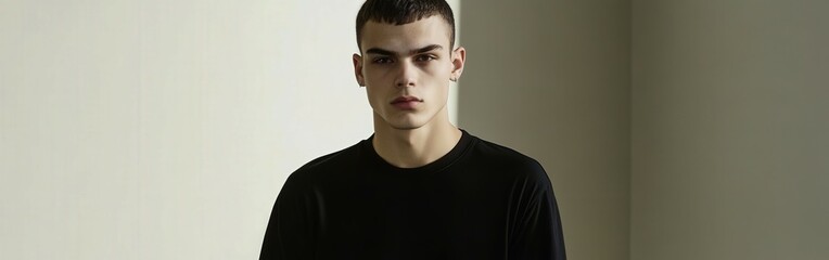 Obraz premium Model showcases contemporary fashion style in minimalist studio setting