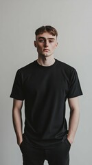A male model presents modern fashion in a minimalist studio