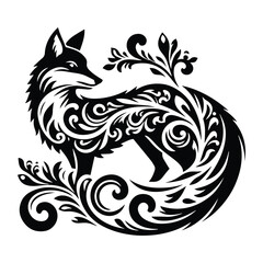 Obraz premium Fox with victorian flourish decoration, stencil logo, black and white animal illustration