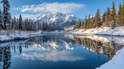 Snowy Mountain Reflection in a Serene Lake