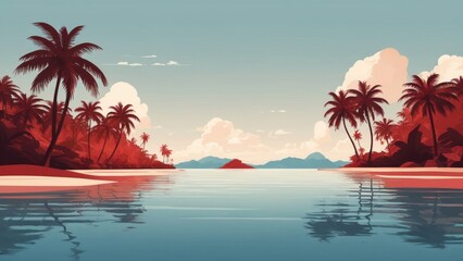 Obraz premium Calm ocean water reflecting red palm trees on tropical island paradise, copy space