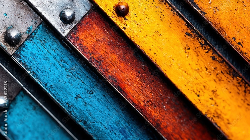 Poster a macro image of a multi-colored metallic object adorned with rivets and studs