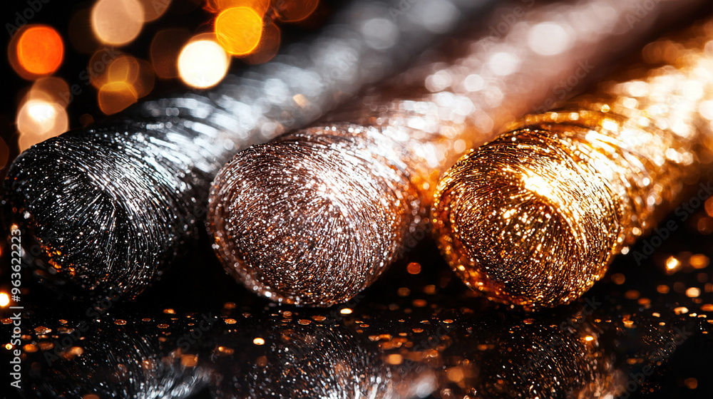 Poster close-up of various sparkle types on a surface against a blurred background of distant lights