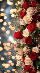 Fototapeta premium Beautiful arrangement of red and white roses with blurred lights background