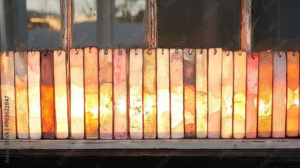 Poster a close-up of a windowsill with lit candles in front of a window