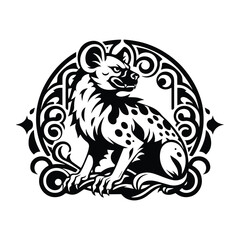 hyena with art nouveau decoration, stencil logo, black and white animal illustration