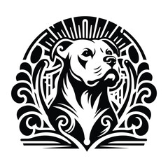pitbull dog with art nouveau decoration, stencil logo, black and white animal illustration