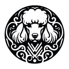 Fototapeta premium Poodle dog with art nouveau decoration, stencil logo, black and white animal illustration