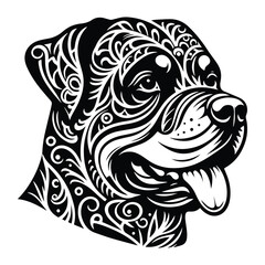 Rottweiler dog in zentangle art, stencil logo, black and white animal illustration