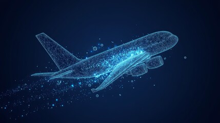 Polygonal airliner low poly. Vector mesh spheres from flying debris. Thin line concept. Blue structure style illustration