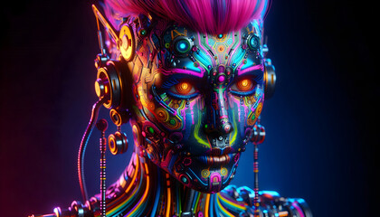 A robot woman futuristic cyborg with vibrant neon colors in cyberpunk style, a blend of technology and art