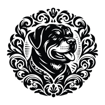 recommend clip art: Rottweiler dog with victorian flourish decoration, stencil logo, black and white animal illustration